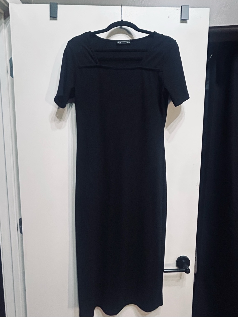Easy Cotton Black Midi Dress with Square Neck